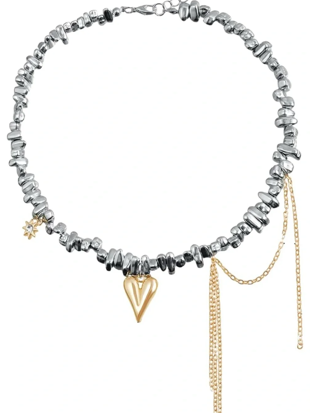 Silver and Gold Heart Pendant Mixed Color Choker Necklace